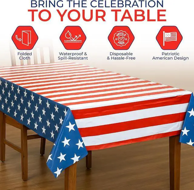 Alt view image 4 of 7 - Iconikal 3 Pack Plastic American Flag Tablecloth Table Cover 54 x 108-Inch | Plastic, Disposable