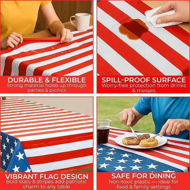 Alt view image 6 of 7 - Iconikal 3 Pack Plastic American Flag Tablecloth Table Cover 54 x 108-Inch | Plastic, Disposable