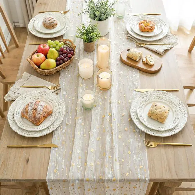 Alt view image 4 of 7 - Artoid Mode Stars Beige Gauze Table Runner 10FT, Glitter Metallic Foil Sheer Dining Wedding Anniversary Holiday Birthday Table Decor for Home Party