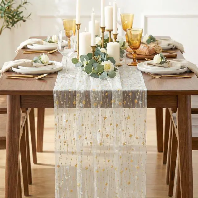 Alt view image 2 of 7 - Artoid Mode Stars Beige Gauze Table Runner 10FT, Glitter Metallic Foil Sheer Dining Wedding Anniversary Holiday Birthday Table Decor for Home Party