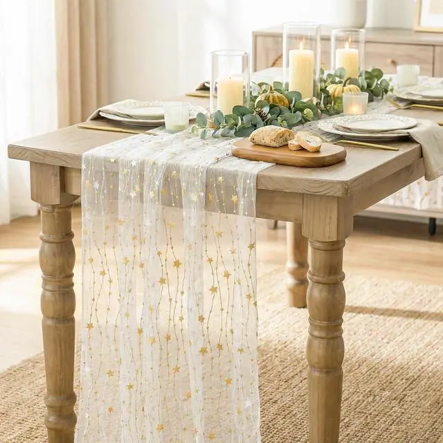 Alt view image 3 of 7 - Artoid Mode Stars Beige Gauze Table Runner 10FT, Glitter Metallic Foil Sheer Dining Wedding Anniversary Holiday Birthday Table Decor for Home Party