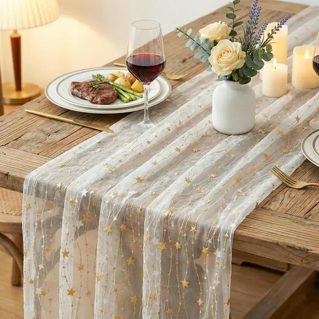 Alt view image 5 of 7 - Artoid Mode Stars Beige Gauze Table Runner 10FT, Glitter Metallic Foil Sheer Dining Wedding Anniversary Holiday Birthday Table Decor for Home Party