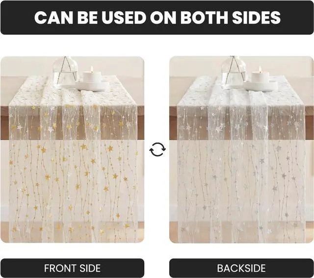 Alt view image 7 of 7 - Artoid Mode Stars Beige Gauze Table Runner 10FT, Glitter Metallic Foil Sheer Dining Wedding Anniversary Holiday Birthday Table Decor for Home Party