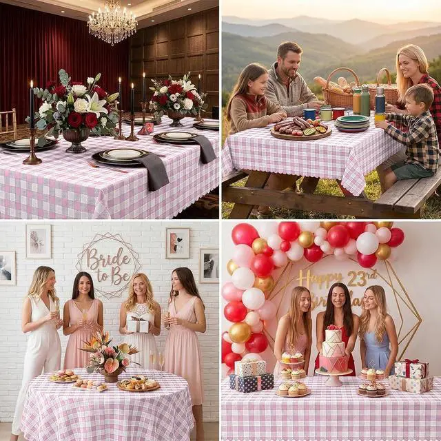 Alt view image 6 of 7 - 3 Pack Pink and White Checkered Tablecloth, 54 X 108Inch Plastic Red Gingham Table Cloth Waterproof Red Checkered Table Cover for Easter Mother's Day Wedding Birthday Anniversay Baby Bridal Shower