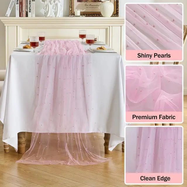 Alt view image 3 of 7 - Fanami 1 Pack Pearl Table Runner -10FT Blush Pink Boho Tulle Table Runners 120 Inches Long Rustic Sheer Lace Fabric Centerpieces for Wedding Arch Birthday Party Bridal Veil Baby Shower Decorations