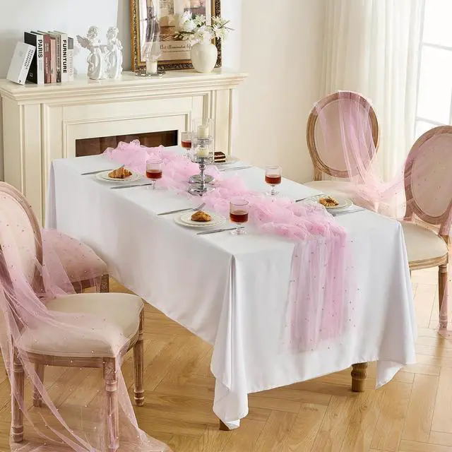 Alt view image 5 of 7 - Fanami 1 Pack Pearl Table Runner -10FT Blush Pink Boho Tulle Table Runners 120 Inches Long Rustic Sheer Lace Fabric Centerpieces for Wedding Arch Birthday Party Bridal Veil Baby Shower Decorations