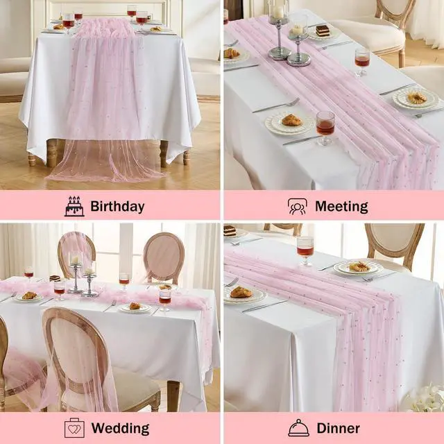 Alt view image 6 of 7 - Fanami 1 Pack Pearl Table Runner -10FT Blush Pink Boho Tulle Table Runners 120 Inches Long Rustic Sheer Lace Fabric Centerpieces for Wedding Arch Birthday Party Bridal Veil Baby Shower Decorations