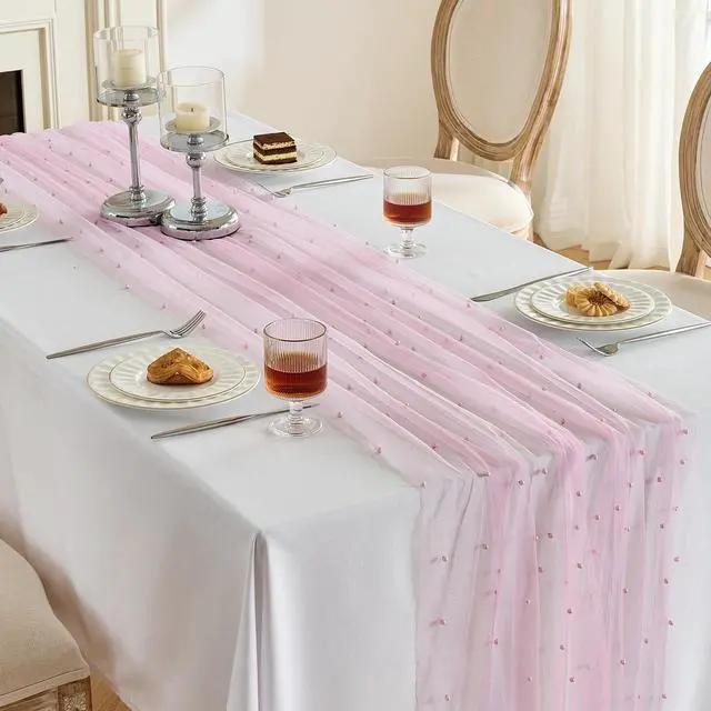 Alt view image 7 of 7 - Fanami 1 Pack Pearl Table Runner -10FT Blush Pink Boho Tulle Table Runners 120 Inches Long Rustic Sheer Lace Fabric Centerpieces for Wedding Arch Birthday Party Bridal Veil Baby Shower Decorations