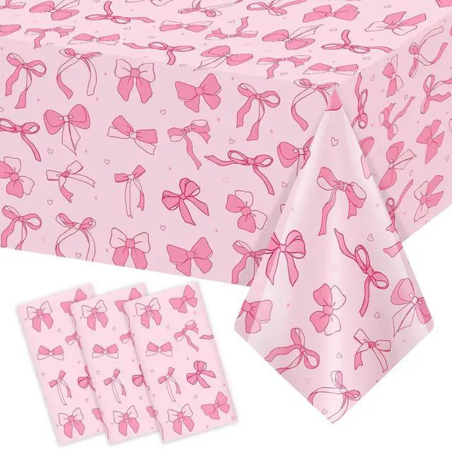 Main image of Homanu 3 Pack Pink Birthday Bow Party Decorations Tablecloths, Large Size 54 X 108 Inch Bow Table Cloth Plastic Table Cover Girls Birthday Tablecloth Rectangular