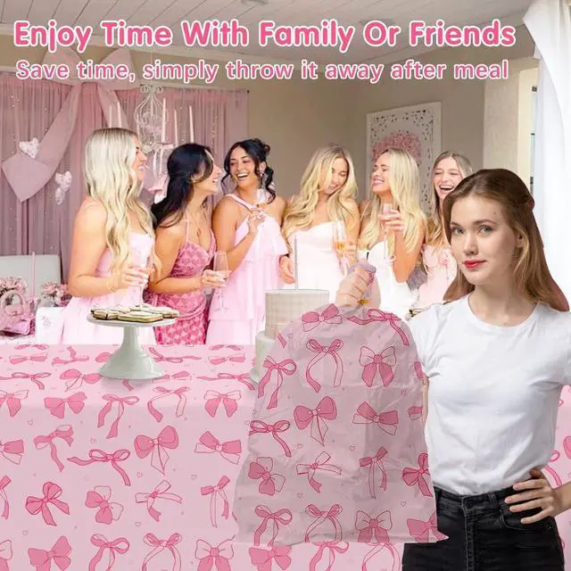 Alt view image 2 of 7 - Homanu 3 Pack Pink Birthday Bow Party Decorations Tablecloths, Large Size 54 X 108 Inch Bow Table Cloth Plastic Table Cover Girls Birthday Tablecloth Rectangular