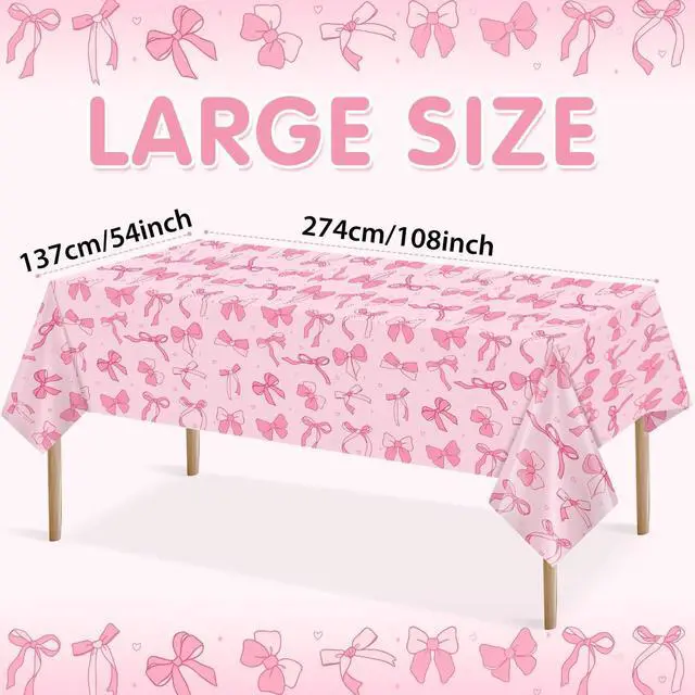 Alt view image 3 of 7 - Homanu 3 Pack Pink Birthday Bow Party Decorations Tablecloths, Large Size 54 X 108 Inch Bow Table Cloth Plastic Table Cover Girls Birthday Tablecloth Rectangular