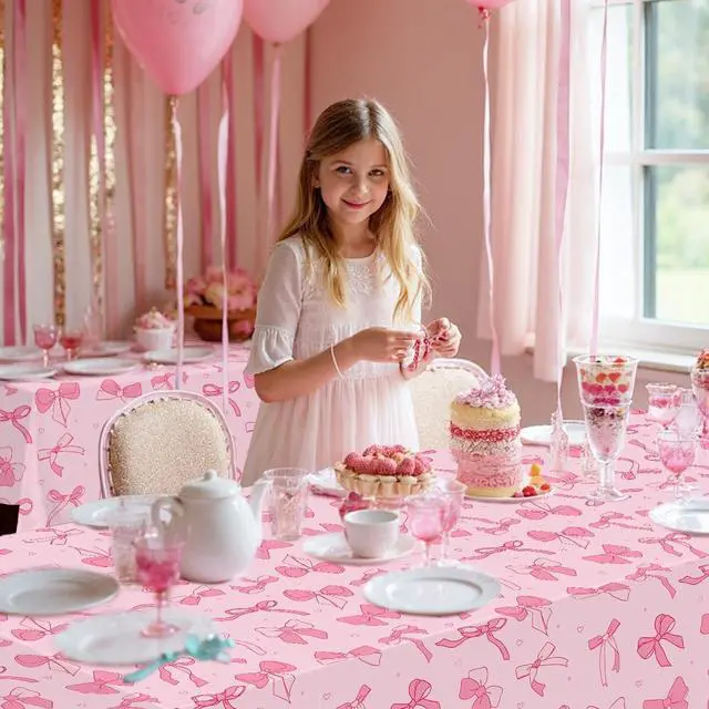 Alt view image 7 of 7 - Homanu 3 Pack Pink Birthday Bow Party Decorations Tablecloths, Large Size 54 X 108 Inch Bow Table Cloth Plastic Table Cover Girls Birthday Tablecloth Rectangular