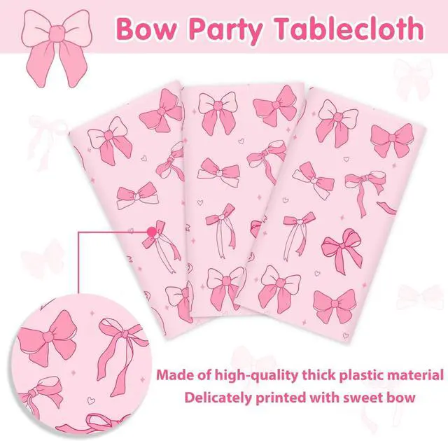 Alt view image 5 of 7 - Homanu 3 Pack Pink Birthday Bow Party Decorations Tablecloths, Large Size 54 X 108 Inch Bow Table Cloth Plastic Table Cover Girls Birthday Tablecloth Rectangular