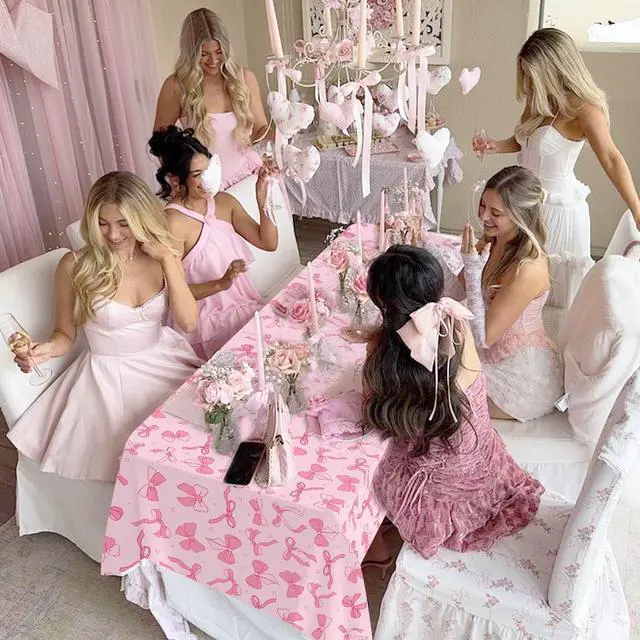 Alt view image 6 of 7 - Homanu 3 Pack Pink Birthday Bow Party Decorations Tablecloths, Large Size 54 X 108 Inch Bow Table Cloth Plastic Table Cover Girls Birthday Tablecloth Rectangular