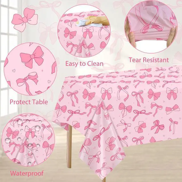 Alt view image 4 of 7 - Homanu 3 Pack Pink Birthday Bow Party Decorations Tablecloths, Large Size 54 X 108 Inch Bow Table Cloth Plastic Table Cover Girls Birthday Tablecloth Rectangular