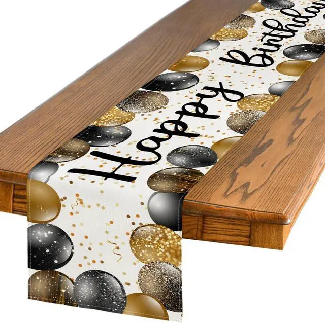 Main image of Artoid Mode Beige and Golden Balloon Happy Birthday Table Runner, Seasonal Kitchen Dining Table Decoration for Home Party Decor 13x72 Inch