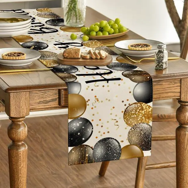 Alt view image 3 of 7 - Artoid Mode Beige and Golden Balloon Happy Birthday Table Runner, Seasonal Kitchen Dining Table Decoration for Home Party Decor 13x72 Inch