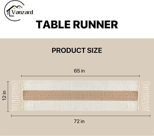 Alt view image 3 of 7 - Boho Table Runner for Fall Home Decor with Tassels 72 Inches, Farmhouse Rustic Cream & Brown Table Runners for Bohemian Kitchen Summer Dining Table(12x72in, Fringe Included)