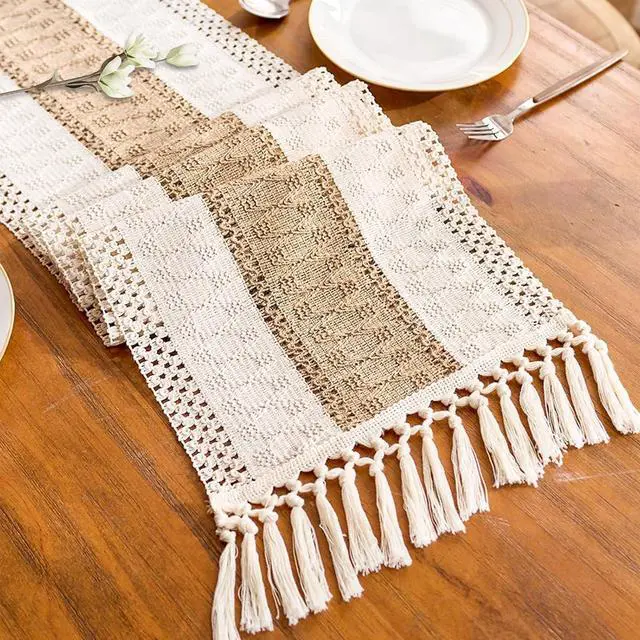 Main image of Boho Table Runner for Fall Home Decor with Tassels 72 Inches, Farmhouse Rustic Cream & Brown Table Runners for Bohemian Kitchen Summer Dining Table(12x72in, Fringe Included)