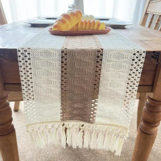 Alt view image 2 of 7 - Boho Table Runner for Fall Home Decor with Tassels 72 Inches, Farmhouse Rustic Cream & Brown Table Runners for Bohemian Kitchen Summer Dining Table(12x72in, Fringe Included)