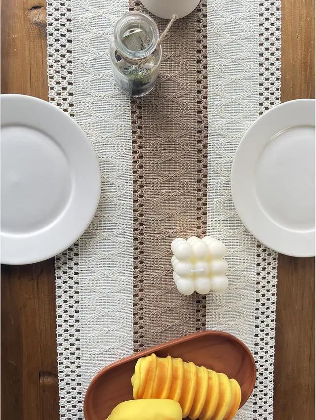 Alt view image 5 of 7 - Boho Table Runner for Fall Home Decor with Tassels 72 Inches, Farmhouse Rustic Cream & Brown Table Runners for Bohemian Kitchen Summer Dining Table(12x72in, Fringe Included)