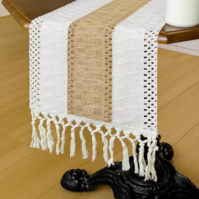 Alt view image 6 of 7 - Boho Table Runner for Fall Home Decor with Tassels 72 Inches, Farmhouse Rustic Cream & Brown Table Runners for Bohemian Kitchen Summer Dining Table(12x72in, Fringe Included)