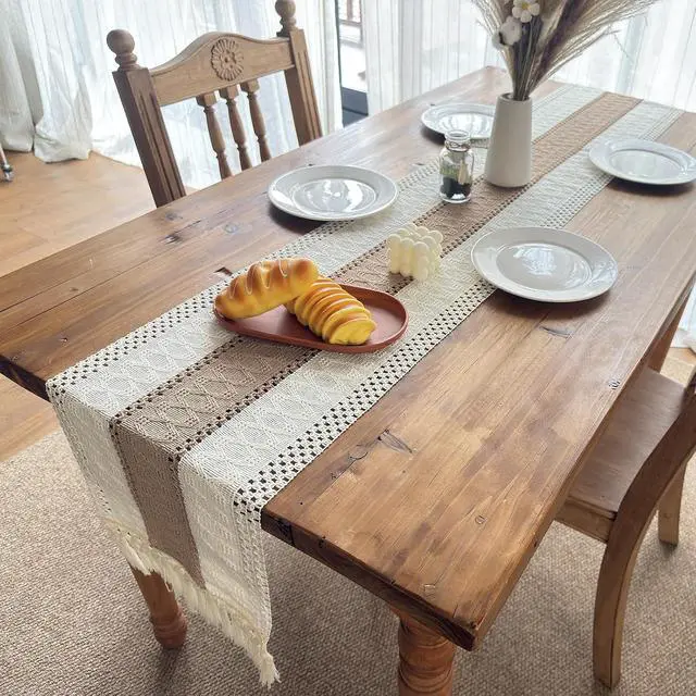 Alt view image 7 of 7 - Boho Table Runner for Fall Home Decor with Tassels 72 Inches, Farmhouse Rustic Cream & Brown Table Runners for Bohemian Kitchen Summer Dining Table(12x72in, Fringe Included)