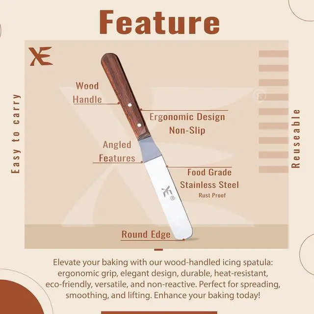 Alt view image 3 of 5 - XE Cake Icing Spatula 21cm Stainless steel Angled Palette Knife with Non-Slip Wooden Handle, Ideal Frosting spatula for Pastry & Cakes, Offset Spatula for Decorating Desserts