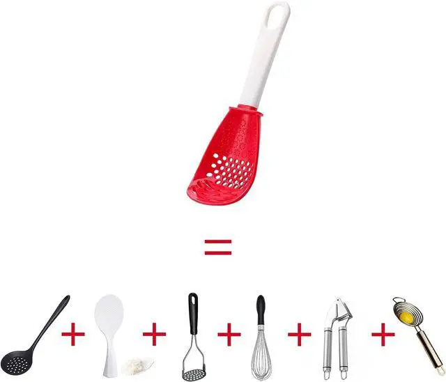 Alt view image 4 of 6 - 6 in 1 Multifunctional cooking gadgets, 356°F Heat Resistant kitchen gadgets, Egg Separator, Cooking, Draining, Mashing, Grating, Cooking spoon Red