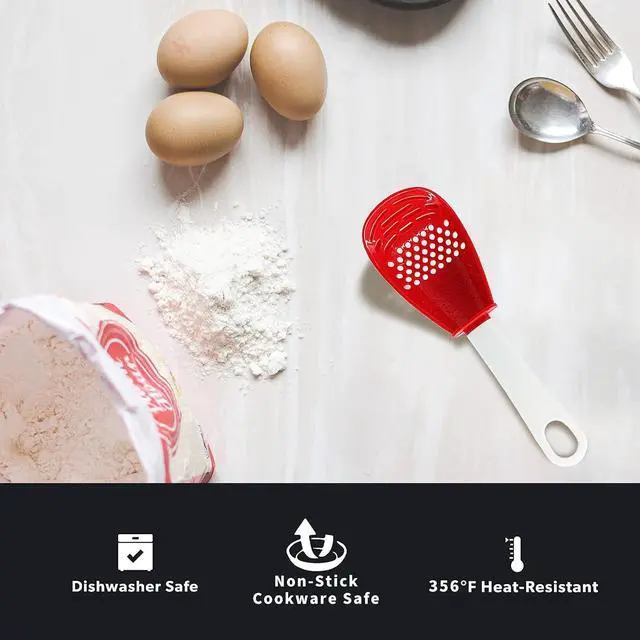 Alt view image 5 of 6 - 6 in 1 Multifunctional cooking gadgets, 356°F Heat Resistant kitchen gadgets, Egg Separator, Cooking, Draining, Mashing, Grating, Cooking spoon Red