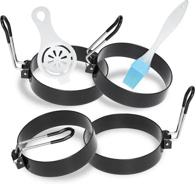 Main image of 4 Pack 3.5 Inch Nonstick Stainless Steel Egg Rings for Frying Eggs | Round Griddle Cooking Molds with Oil Brush & Egg Separator for Pancake, Egg Sandwich and English Muffin Breakfast Making