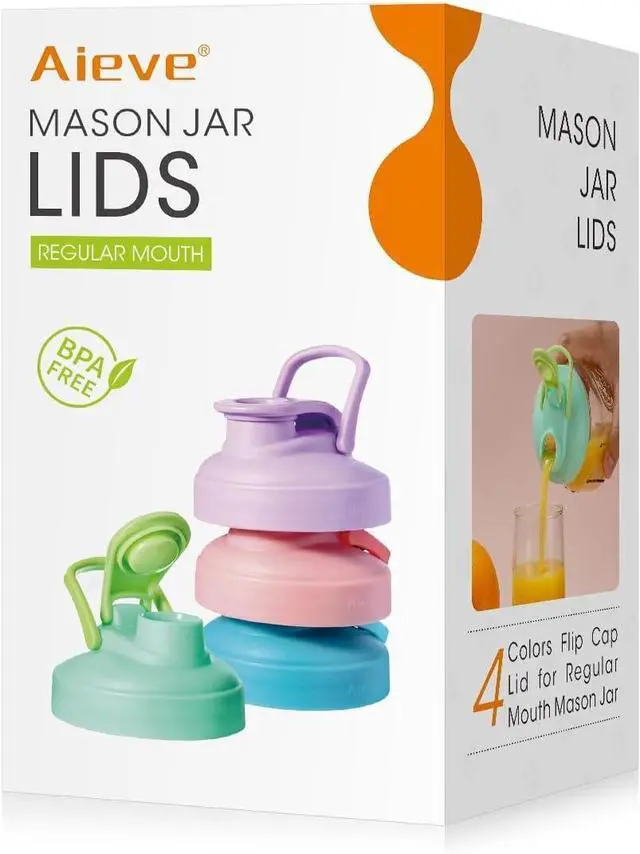 Main image of AIEVE Mason Jar Pour Spout Lid, 4 Pack Regular Mouth Mason Jar Lids with Flip Top,Reusable and Leak-Proof Plastic Canning Pitcher Lids tor Milk, Coffee, Juice, Lemonade,Colorful(Jars not Included)