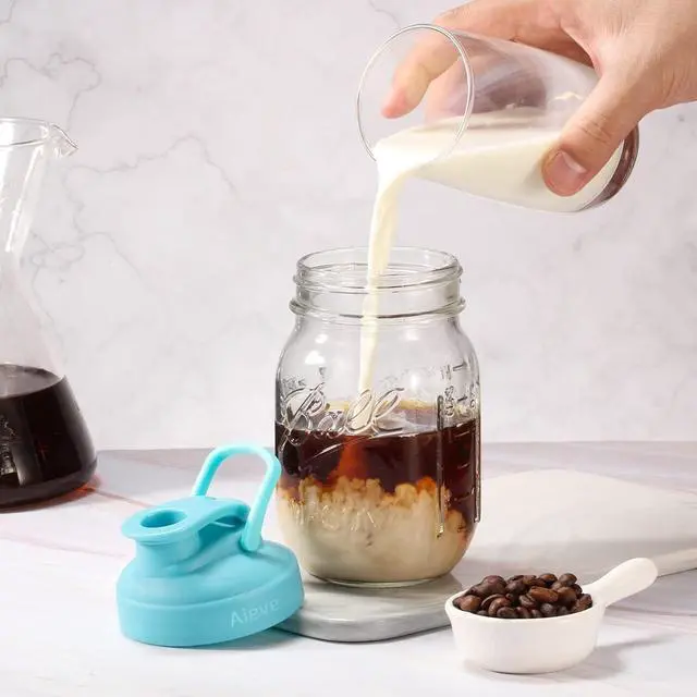 Alt view image 5 of 7 - AIEVE Mason Jar Pour Spout Lid, 4 Pack Regular Mouth Mason Jar Lids with Flip Top,Reusable and Leak-Proof Plastic Canning Pitcher Lids tor Milk, Coffee, Juice, Lemonade,Colorful(Jars not Included)
