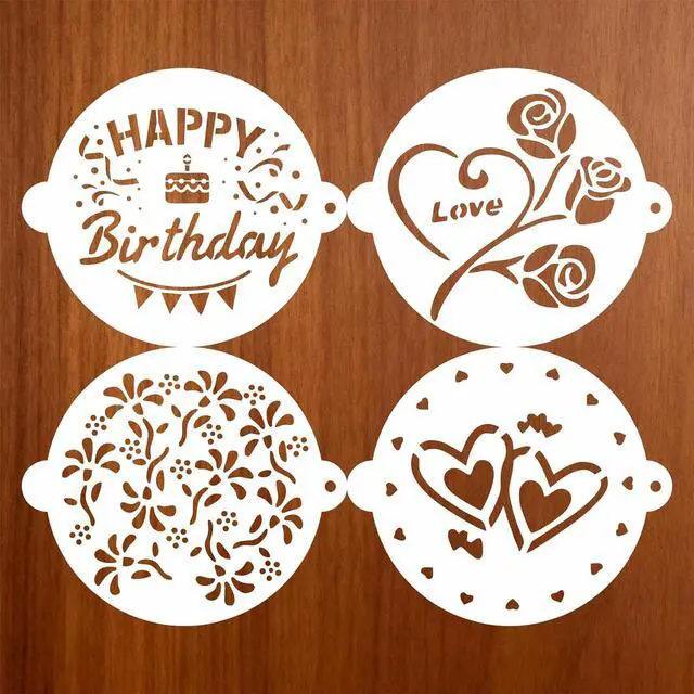 Main image of Cake Stencils Set 4 Templates - Happy Birthday, Love, Hearts, Floral - Reusable Laser-Cut for Fondant Buttercream Painting, Baking & DIY Decor (Art Deco) (4 Styles)