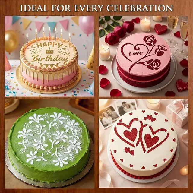 Alt view image 2 of 7 - Cake Stencils Set 4 Templates - Happy Birthday, Love, Hearts, Floral - Reusable Laser-Cut for Fondant Buttercream Painting, Baking & DIY Decor (Art Deco) (4 Styles)