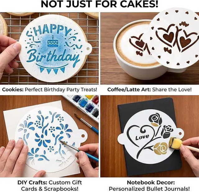 Alt view image 3 of 7 - Cake Stencils Set 4 Templates - Happy Birthday, Love, Hearts, Floral - Reusable Laser-Cut for Fondant Buttercream Painting, Baking & DIY Decor (Art Deco) (4 Styles)