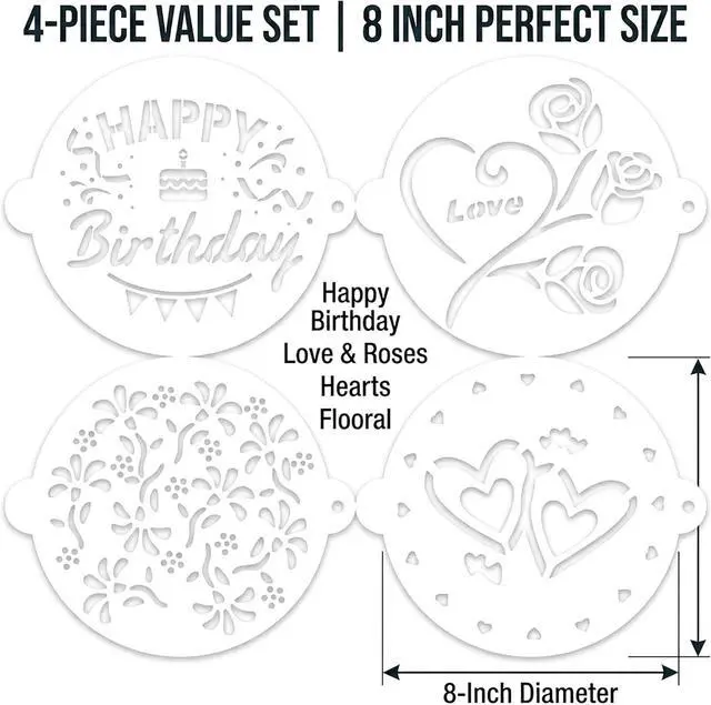 Alt view image 4 of 7 - Cake Stencils Set 4 Templates - Happy Birthday, Love, Hearts, Floral - Reusable Laser-Cut for Fondant Buttercream Painting, Baking & DIY Decor (Art Deco) (4 Styles)