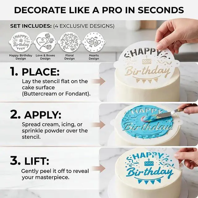 Alt view image 5 of 7 - Cake Stencils Set 4 Templates - Happy Birthday, Love, Hearts, Floral - Reusable Laser-Cut for Fondant Buttercream Painting, Baking & DIY Decor (Art Deco) (4 Styles)