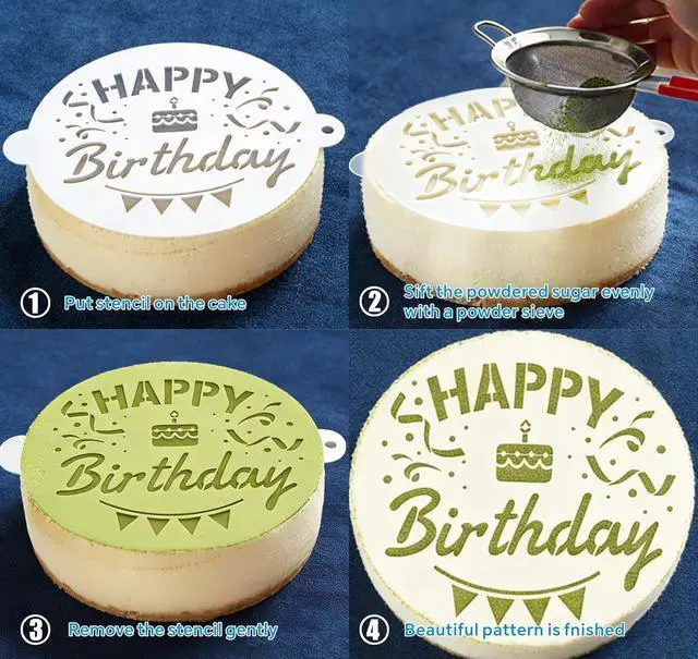 Alt view image 6 of 7 - Cake Stencils Set 4 Templates - Happy Birthday, Love, Hearts, Floral - Reusable Laser-Cut for Fondant Buttercream Painting, Baking & DIY Decor (Art Deco) (4 Styles)