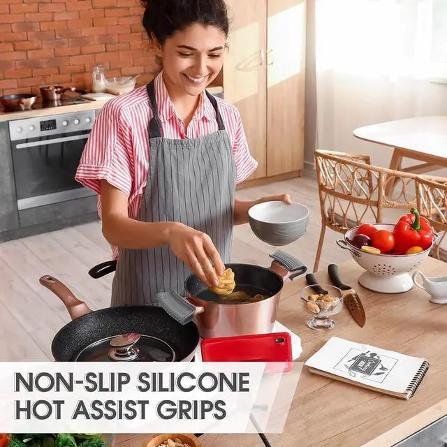 Alt view image 3 of 7 - Patelai 4 Pcs Silicone Assist Hot Pan Handle Holder Pot Handle Covers for Cast Iron Skillets Holder Sleeve Nonslip Heat Resistant Pan Cover for Enameled Griddles Casserole Frying Cookware(Light Gray)