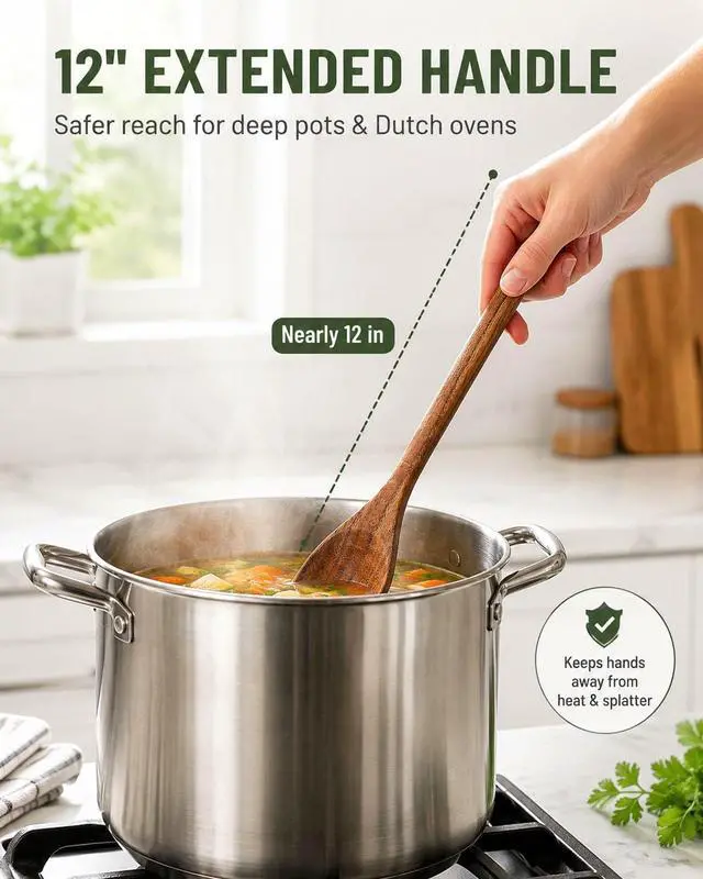 Alt view image 2 of 7 - Wooden Cooking Spoons, 2-Piece Acacia Wood Kitchen Utensil Set, 12-Inch Large Mixing Spoons for Nonstick Cookware, Comfort Grip, Durable Natural Wood Spoons