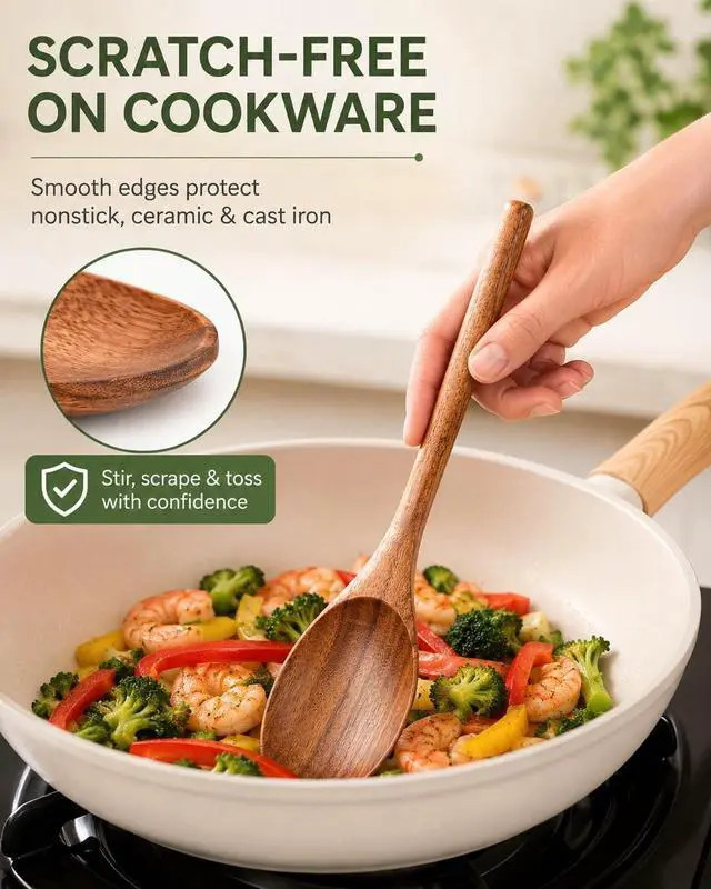 Alt view image 4 of 7 - Wooden Cooking Spoons, 2-Piece Acacia Wood Kitchen Utensil Set, 12-Inch Large Mixing Spoons for Nonstick Cookware, Comfort Grip, Durable Natural Wood Spoons