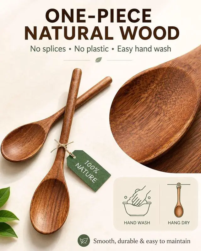 Alt view image 6 of 7 - Wooden Cooking Spoons, 2-Piece Acacia Wood Kitchen Utensil Set, 12-Inch Large Mixing Spoons for Nonstick Cookware, Comfort Grip, Durable Natural Wood Spoons