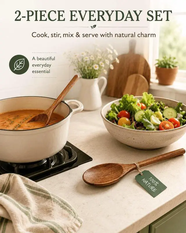 Alt view image 7 of 7 - Wooden Cooking Spoons, 2-Piece Acacia Wood Kitchen Utensil Set, 12-Inch Large Mixing Spoons for Nonstick Cookware, Comfort Grip, Durable Natural Wood Spoons