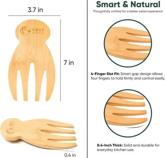Alt view image 3 of 7 - Bamboo Salad Hands Wooden Salad Serving Utensils Natural Wood Salad Servers and Tongs Set, Ergonomic Salad Tossing Utensils, Wooden Salad Spoons for Mixing and Serving, Kitchen Gift Idea