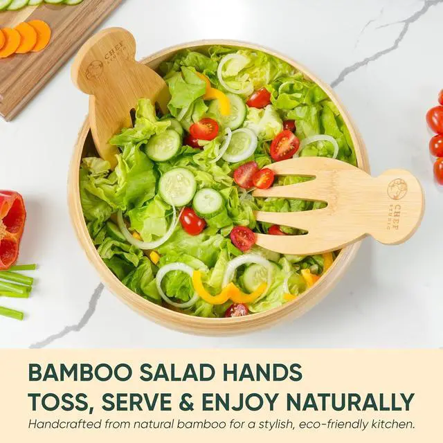 Alt view image 2 of 7 - Bamboo Salad Hands Wooden Salad Serving Utensils Natural Wood Salad Servers and Tongs Set, Ergonomic Salad Tossing Utensils, Wooden Salad Spoons for Mixing and Serving, Kitchen Gift Idea