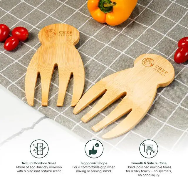 Alt view image 4 of 7 - Bamboo Salad Hands Wooden Salad Serving Utensils Natural Wood Salad Servers and Tongs Set, Ergonomic Salad Tossing Utensils, Wooden Salad Spoons for Mixing and Serving, Kitchen Gift Idea