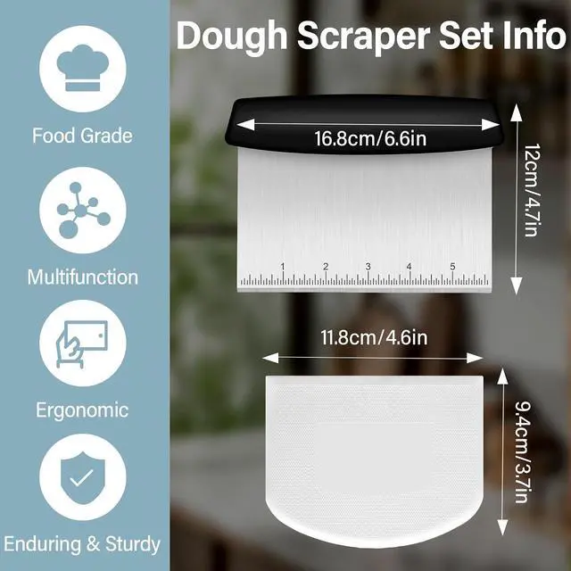 Alt view image 4 of 7 - Ecavria Bench Scraper, Premium Stainless Steel Dough Scraper with 2 PCS Flexible Bowl Scraper, Dough Cutter with Measuring Scale, Versatile Kitchen Scraper Set for Pastry Bread Pizza Cake