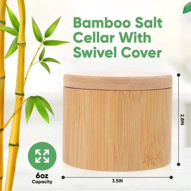 Alt view image 2 of 7 - karmiero Salt Cellar, Bamboo Salt Container with Lid, Solid Salt Box Holder with 360° Swivel Lid for Countertop to Store Pepper Spice, Elegant Flaky Salt Containers Bowl on Your Kitchen, 6OZ