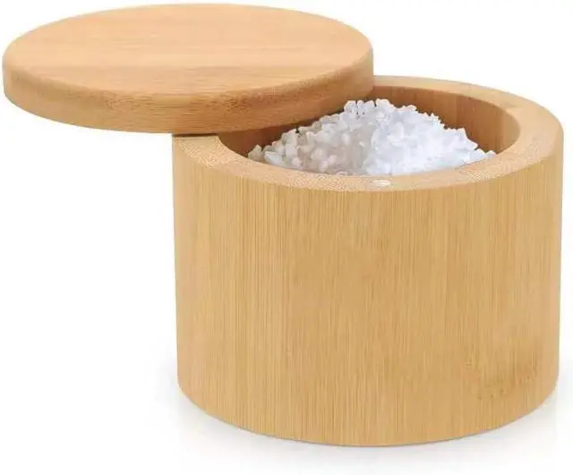 Main image of karmiero Salt Cellar, Bamboo Salt Container with Lid, Solid Salt Box Holder with 360° Swivel Lid for Countertop to Store Pepper Spice, Elegant Flaky Salt Containers Bowl on Your Kitchen, 6OZ